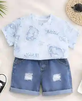 Boy's Typographic Printed Short Sleeves T-Shirt with Denim Shorts Set